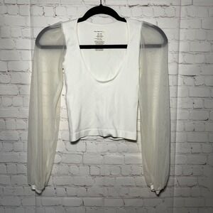 Free People Intimately Lost In Love White Ribbed Mesh Puff Sleeve Top XXS